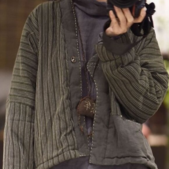 Unique 100% Linen Cotton Quilted Jacket, M (M/L), Army Green - Picture 6 of 12